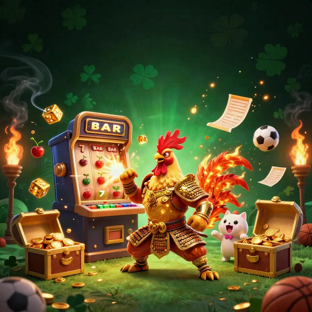 Ayam samurai emas, naga kecil, dan kucing keberuntungan di tengah ledakan slot mewah.