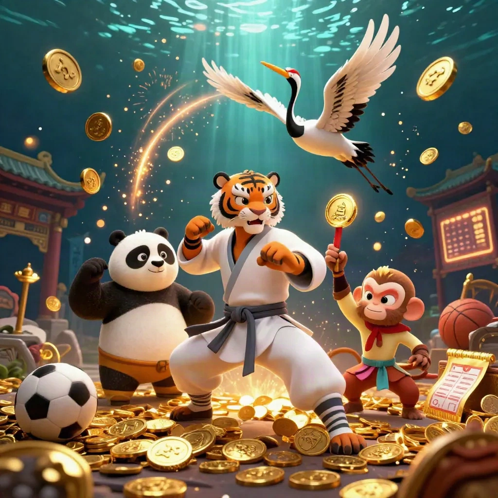 Harimau, panda, dan monyet kung-fu dikelilingi koin emas, ledakan cahaya, dan suasana kasino mewah.