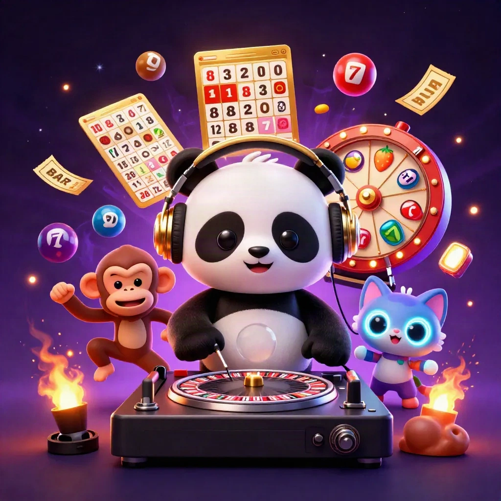 Panda DJ, monyet menari, dan kucing rave dikelilingi simbol kasino neon di latar ungu gelap.