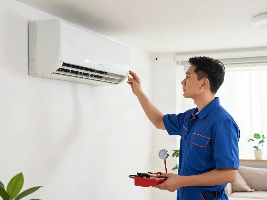 Teknisi dewitogel memeriksa unit AC di ruang tamu yang nyaman dengan alat di tangan.